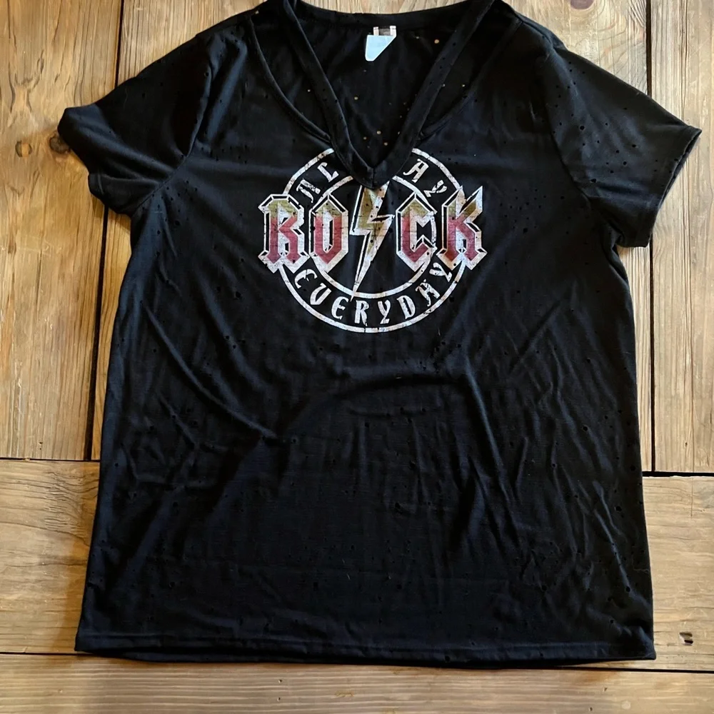 Oversized Distressed Band Tee Rocker V Neck - Picture 3 of 5
